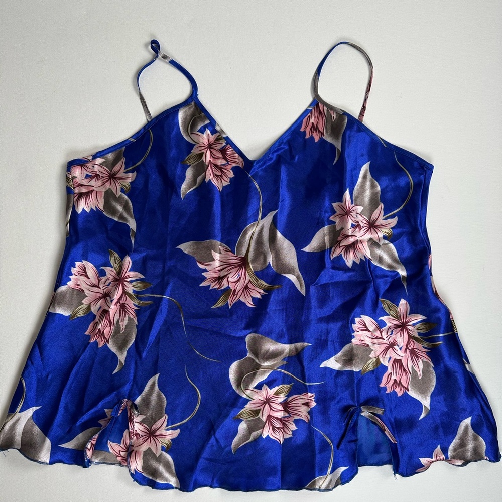 Silk Satin Mix Cami, Ultramarine Blue, Pink Lilies, Coquette, Glam Girl, XXL